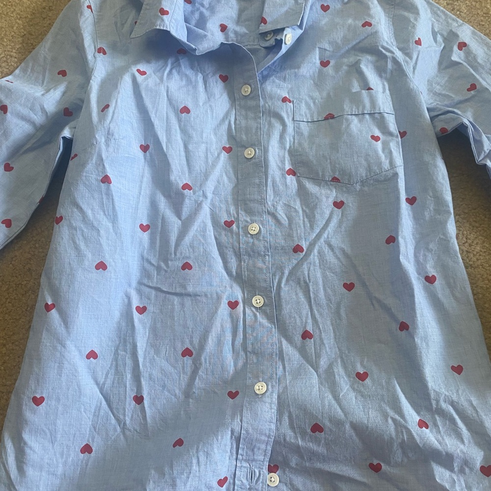 J. Crew Blue and Red Casual Button Down Shirt cute red hearts portofino style - Picture 4 of 8